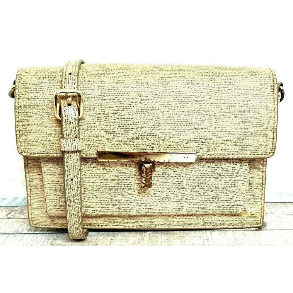 Cole Haan COATED BEIGE GENUINE LEATHER FLAP SMALL X-BODY SHOULDER BAG MESSENGER